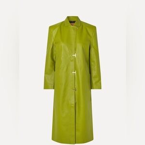 Stine Goya Faux Leather Long Single Breasted Coat Green Woodbine